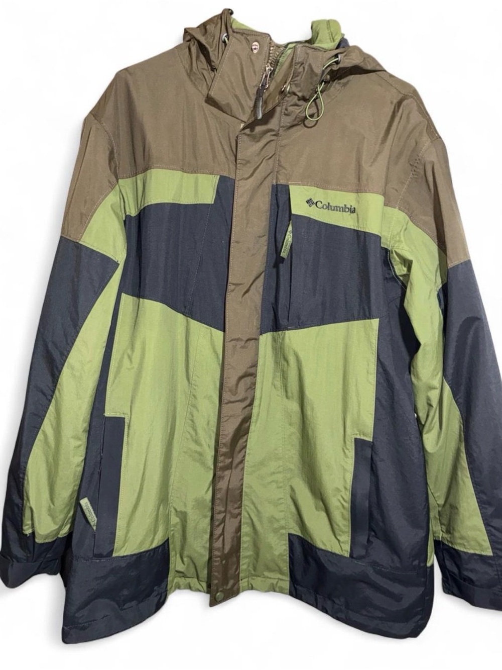 Columbia Colorblock Hooded Rain Jacket in Olive, Charcoal, Brown